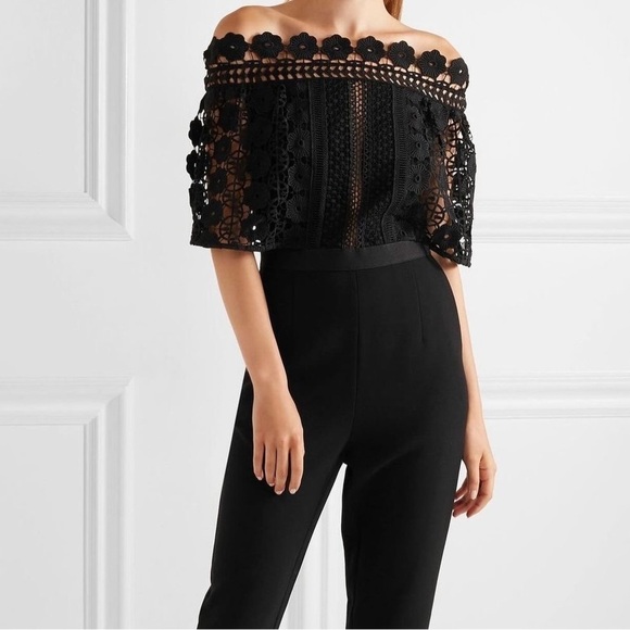 Self-Portrait Black Serena Guipure Lace Crepe Jumpsuit Crochet Pants Set - Picture 16 of 16